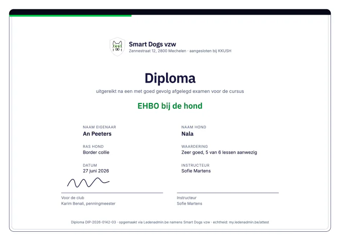 Voorbeeld van een cursusdiploma uit Ledenadmin voor een geleider en zijn hond