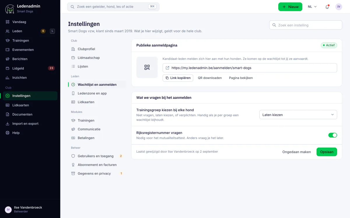 Einstellungen der öffentlichen Anmeldeseite in Ledenadmin mit dem Link, dem QR-Code und den Fragen bei der Anmeldung