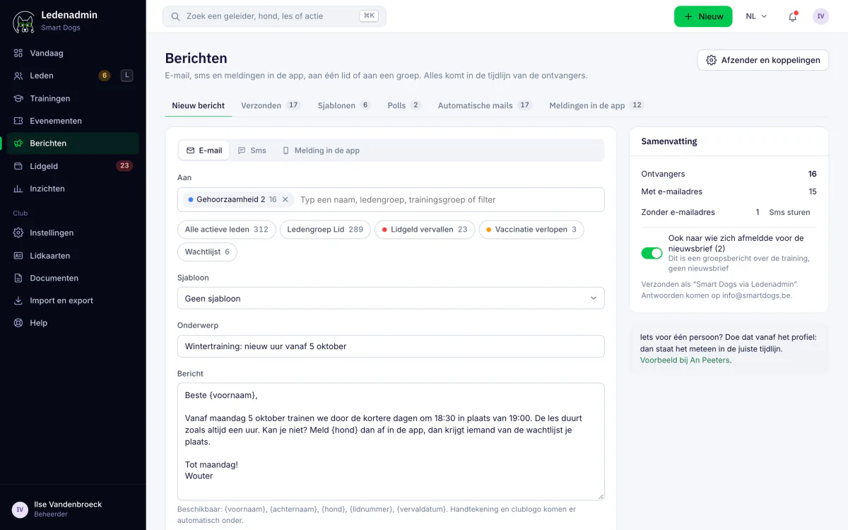 Een bericht opstellen in Ledenadmin met de keuze tussen e-mail, sms en een melding in de app