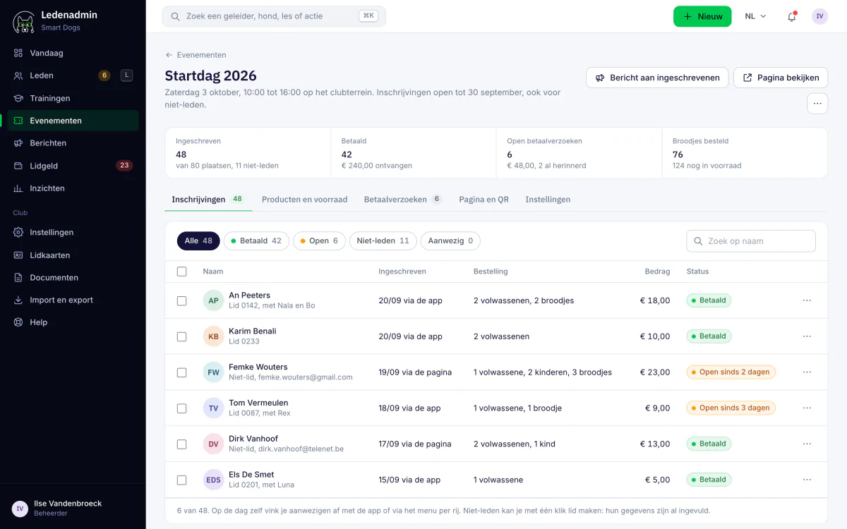 Inschrijvingen voor een evenement in Ledenadmin met bestellingen, bedragen en betaalstatus