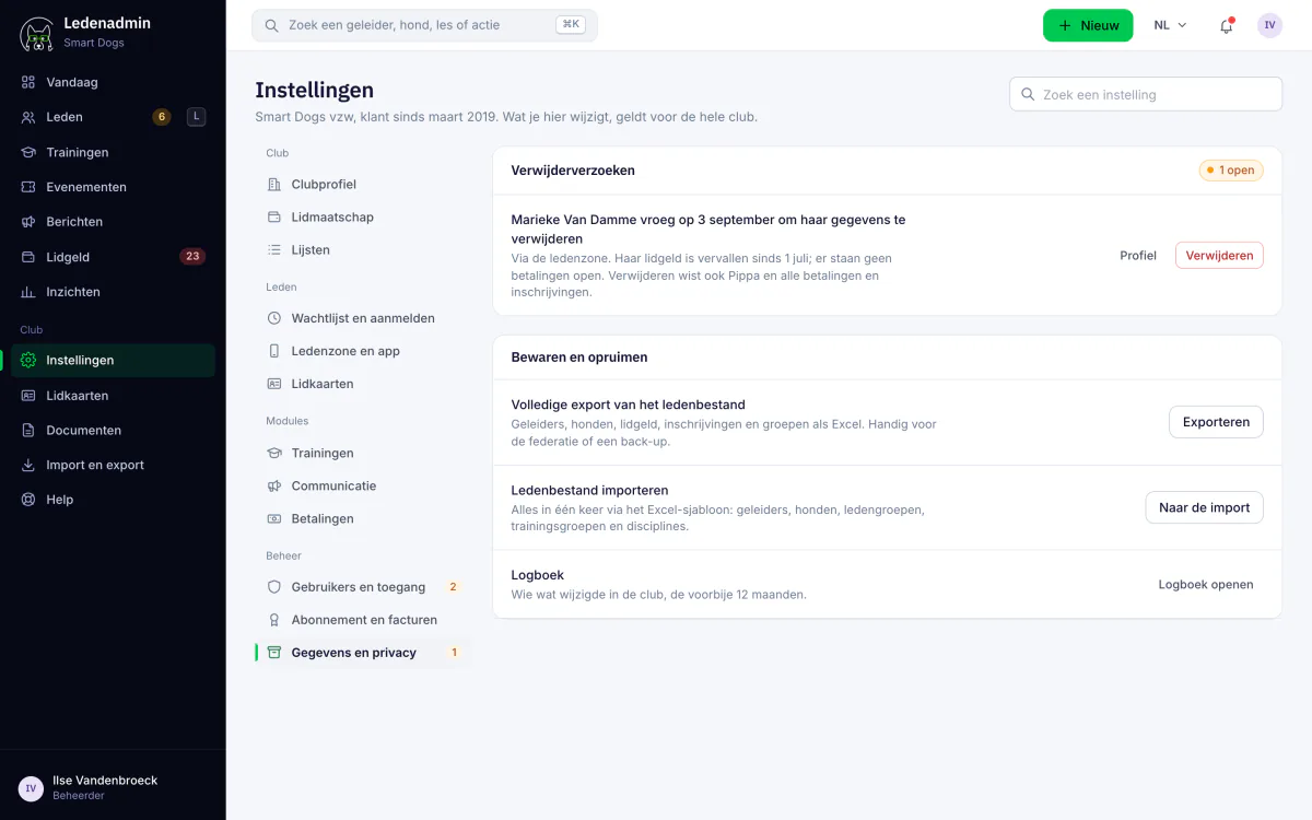 Verwijderverzoeken in de instellingen van Ledenadmin, met de vraag van een lid om haar gegevens te verwijderen