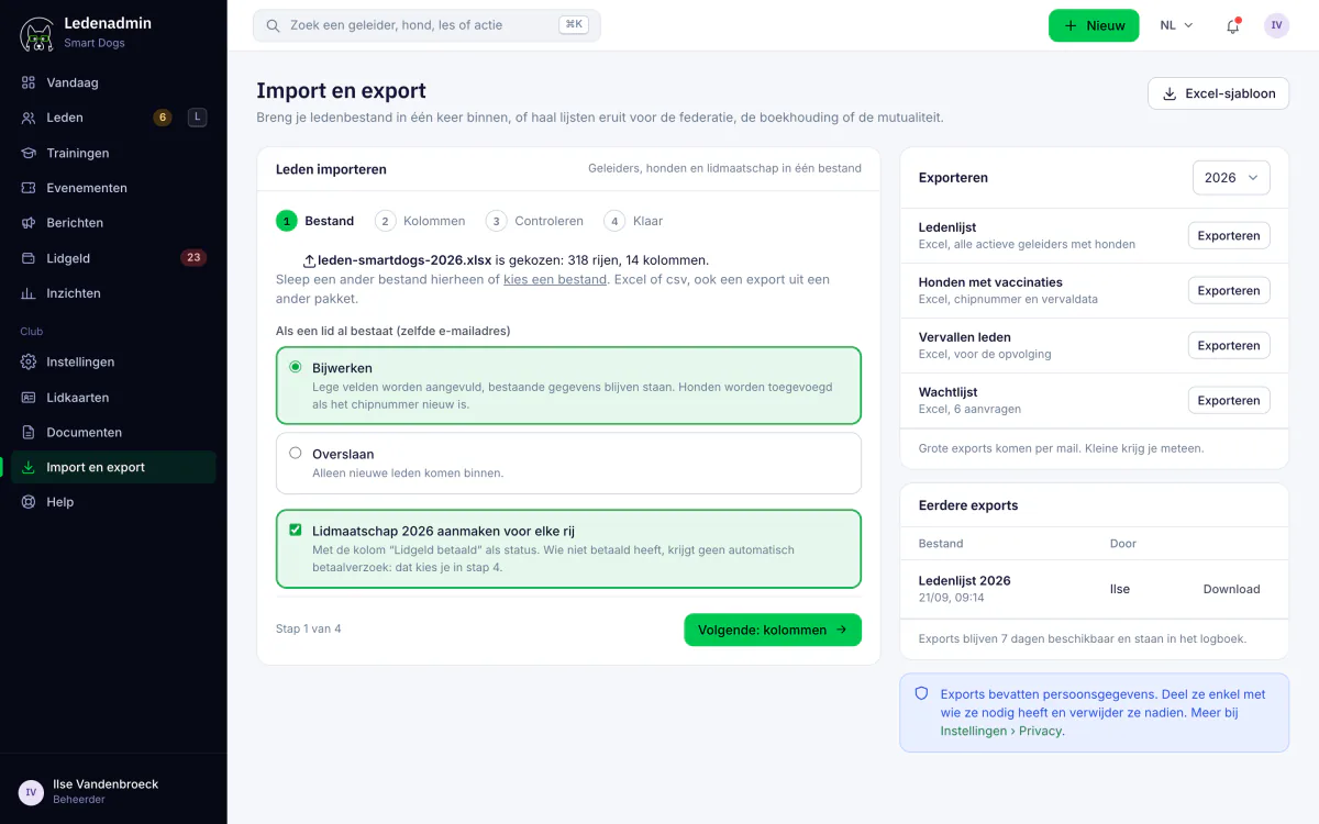 Scherm import en export in Ledenadmin met het importeren van een ledenbestand en de beschikbare exports