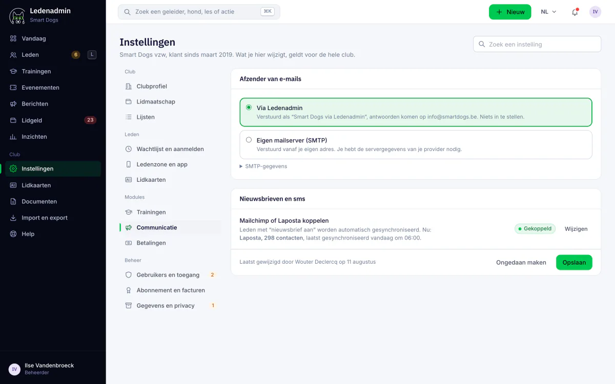 Kommunikationseinstellungen in Ledenadmin mit dem Absender der E-Mails, dem eigenen Mailserver und der Anbindung an Mailchimp oder Laposta