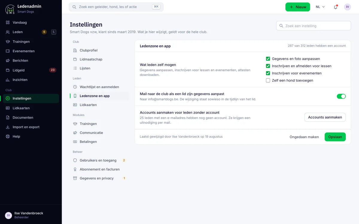 Instellingen van de ledenzone in Ledenadmin: wat leden zelf mogen aanpassen en of de club een mail krijgt bij wijzigingen