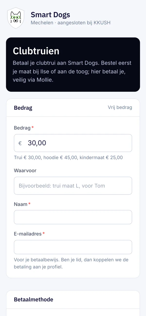 Betaalpagina op de gsm waar een lid een bedrag invult en veilig betaalt via Mollie