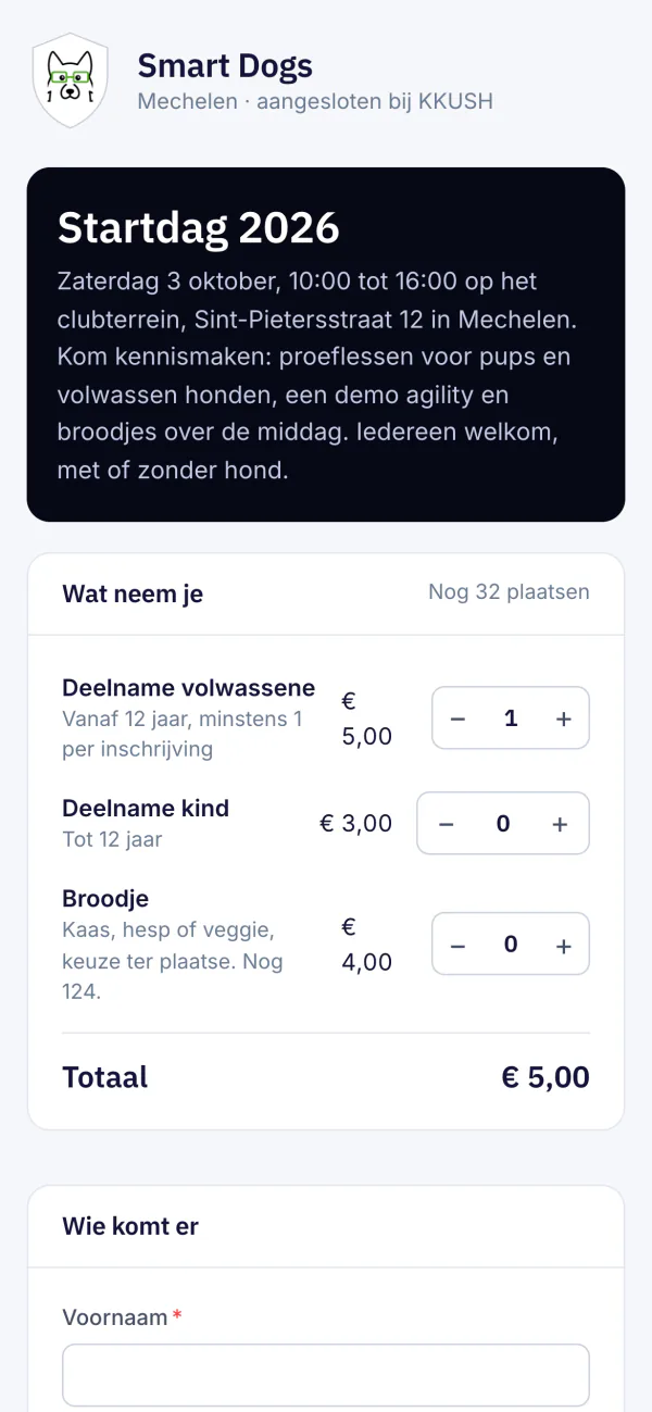Inschrijfpagina voor een evenement op de gsm met deelnames en broodjes om vooraf te bestellen