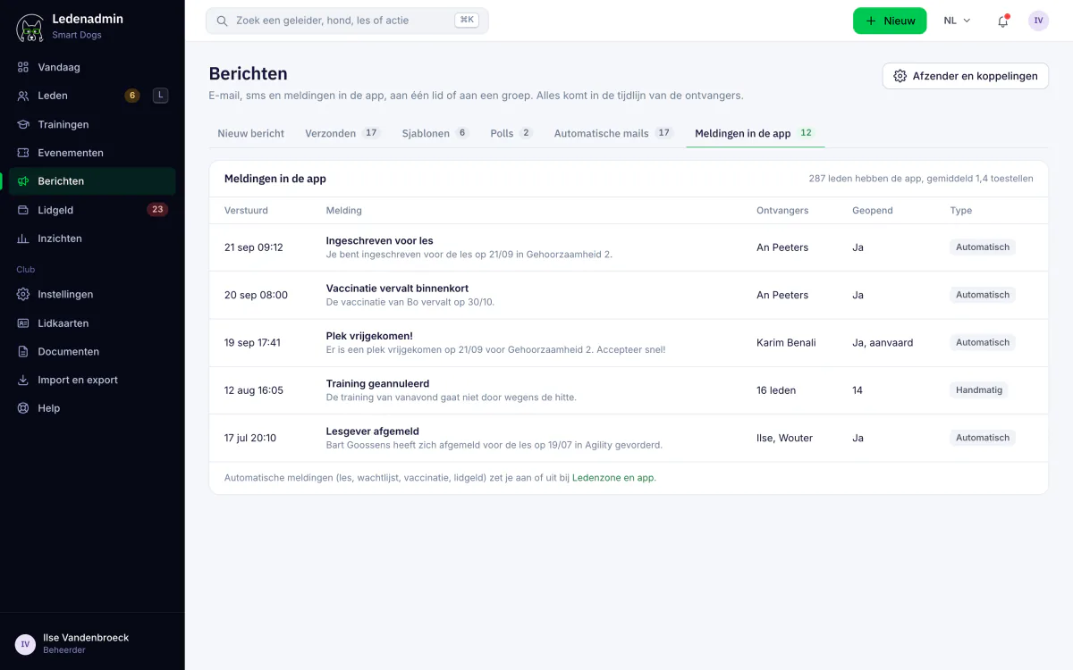 Aperçu des notifications push dans Ledenadmin avec les destinataires, le statut de lecture et le mode d'envoi, automatique ou manuel