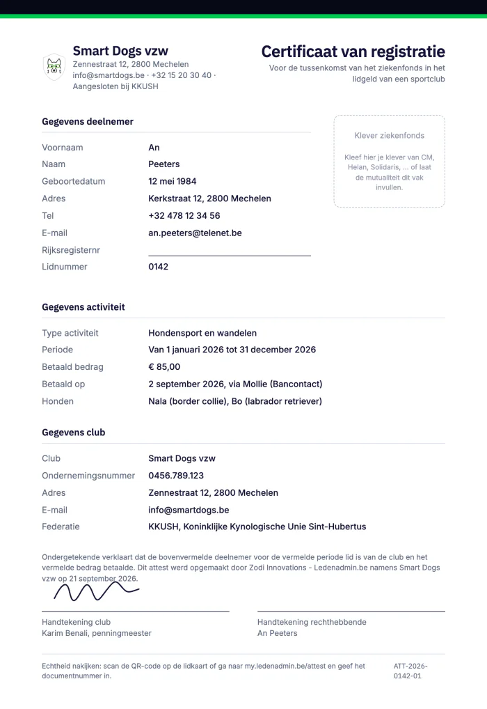 Voorbeeld van een mutualiteitsattest uit Ledenadmin met de gegevens van het lid, de activiteit en de club